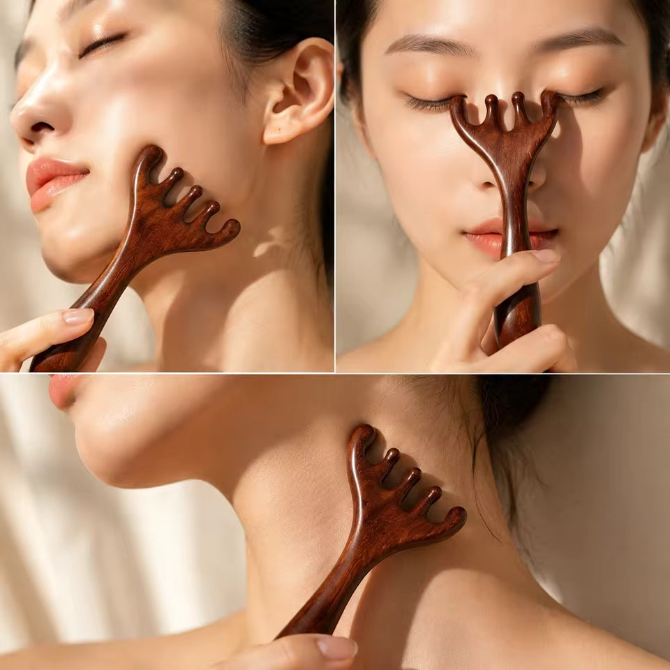 Natural Sandalwood Scalp Massage Comb, 5 Finger Anti Static Hair Brush, Wooden Head Massager Tool for Neck Relaxation & Home SPA