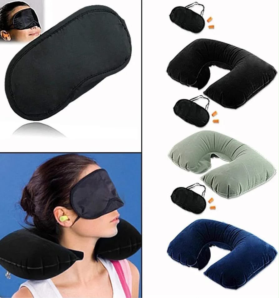 Travel Comfort Set – Inflatable Neck Pillow, 3D Sleep Mask & Earplugs